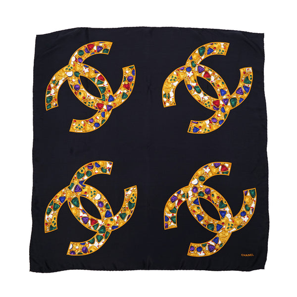 VINTAGE CHANEL COCOMARK JEWELRY PATTERN SCARF BLACK MULTICOLOR SILK 90319718