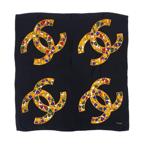 VINTAGE CHANEL COCOMARK JEWELRY PATTERN SCARF BLACK MULTICOLOR SILK 90321776