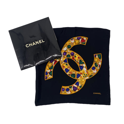 VINTAGE CHANEL COCOMARK JEWELRY PATTERN SCARF BLACK MULTICOLOR SILK 90321776