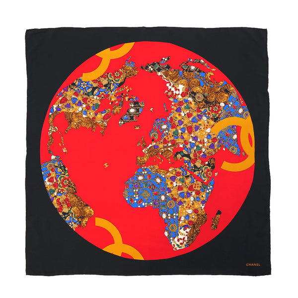VINTAGE CHANEL COCOMARK JEWELRY PATTERN SCARF BLACK RED SILK 90325368