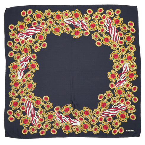 VINTAGE CHANEL COCOMARK JEWELRY PATTERN SCARF NAVY GOLD SILK 90337719