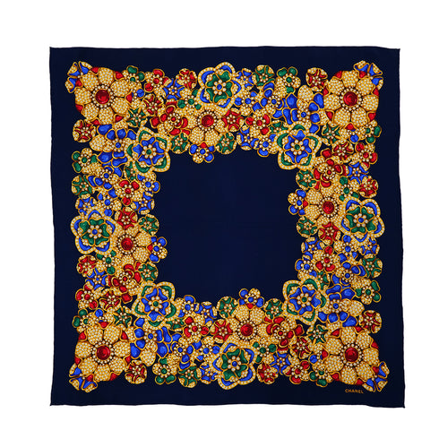 VINTAGE CHANEL COCOMARK JEWELRY PATTERN SCARF NAVY SILK 90324781