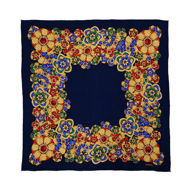 VINTAGE CHANEL COCOMARK JEWELRY PATTERN SCARF NAVY SILK 90324781