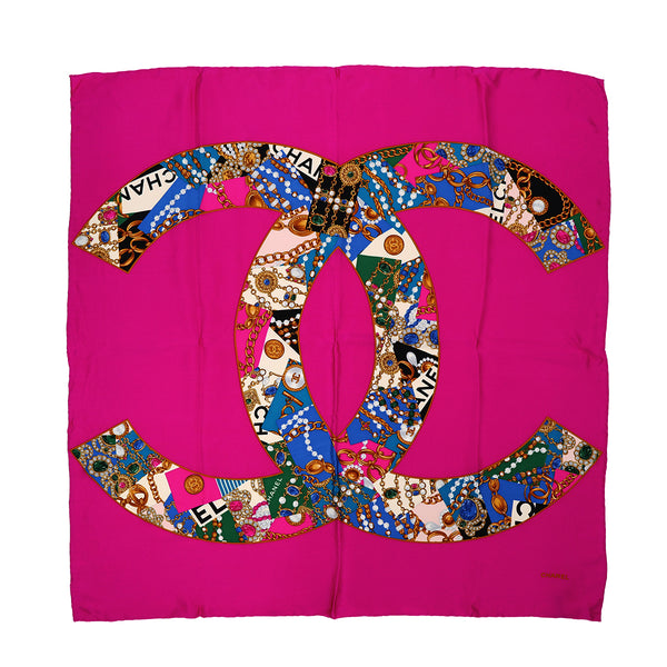 VINTAGE CHANEL COCOMARK JEWELRY PATTERN SCARF PINK MULTICOLOR SILK 90321182