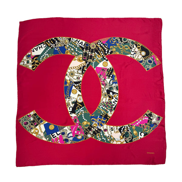 VINTAGE CHANEL COCOMARK JEWELRY PATTERN SCARF RED MULTICOLOR SILK 90318639