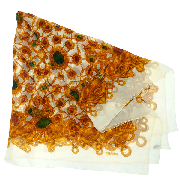 VINTAGE CHANEL COCOMARK JEWELRY PATTERN SCARF WHITE MULTICOLOR SILK 90339177