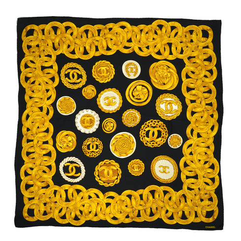 VINTAGE CHANEL COCOMARK LION CHAIN PATTERN SCARF BLACK GOLD SILK 90328017