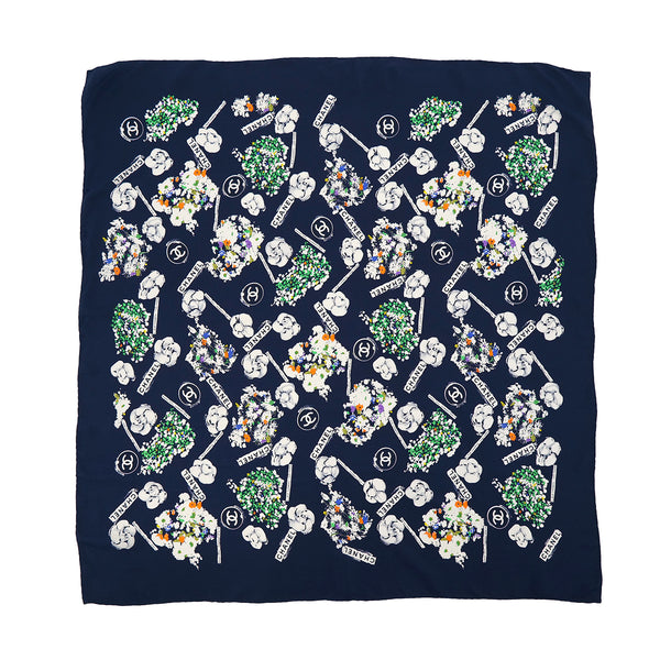 VINTAGE CHANEL COCOMARK LOGO FLOWER PATTERN SCARF NAVY SILK 90319712