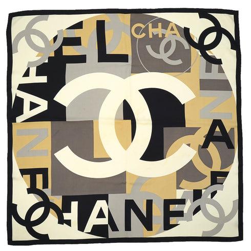 VINTAGE CHANEL COCOMARK LOGO SCARF BLACK WHITE BEIGE SILK 90339115