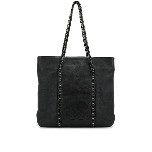 VINTAGE CHANEL COCOMARK LUXURY LINE CHAIN TOTE BAG BLACK LEATHER SILVER HARDWARE 90341828