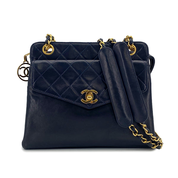 VINTAGE CHANEL COCOMARK MATELASSE CHAIN SHOULDER BAG NAVY LAMB SKIN GOLD HARDWARE 90326854