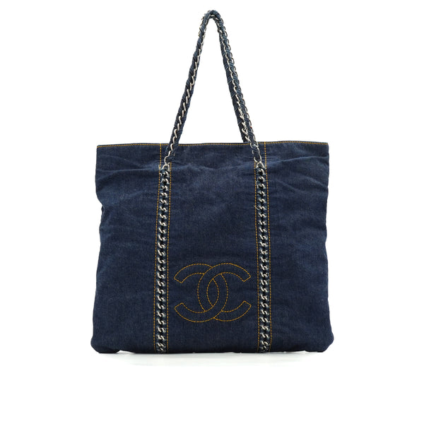 VINTAGE CHANEL COCOMARK MATELASSE CHAIN TOTE BAG BLUE DENIM SILVER HARDWARE 90340171