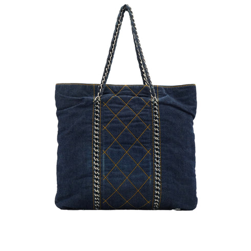 VINTAGE CHANEL COCOMARK MATELASSE CHAIN TOTE BAG BLUE DENIM SILVER HARDWARE 90340171