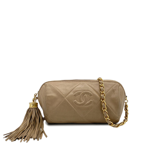 VINTAGE CHANEL COCOMARK MATELASSE FRINGE CHAIN SHOULDER BAG BEIGE LAMB SKIN GOLD HARDWARE 90310127