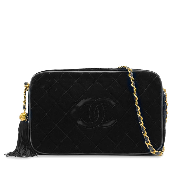 VINTAGE CHANEL COCOMARK MATELASSE FRINGE CHAIN SHOULDER BAG BLACK VELOR GOLD HARDWARE 90329215
