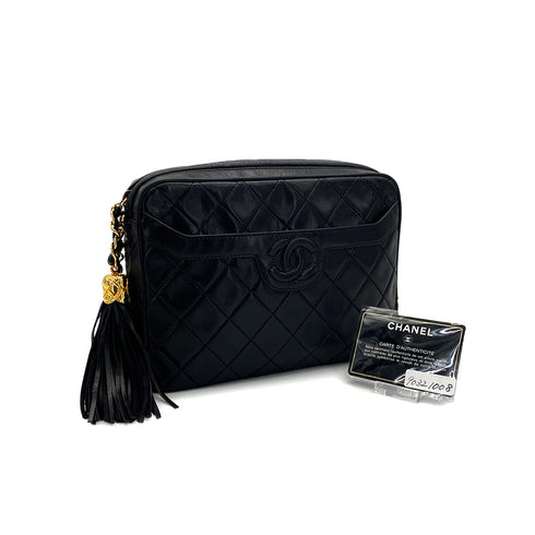 VINTAGE CHANEL COCOMARK MATELASSE FRINGE CHAIN SHUOLDER BAG BLACK LAMB SKIN GOLD HARDWARE 90321008
