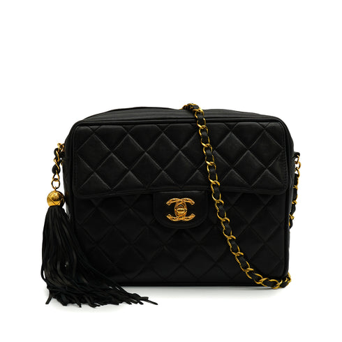 VINTAGE CHANEL MATELASSE FRINGE CHAIN SHUOLDER BAG BLACK LAMB SKIN GOLD HARDWARE 90344387