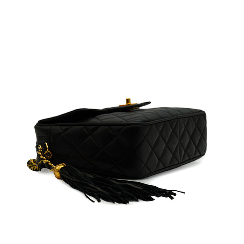 VINTAGE CHANEL MATELASSE FRINGE CHAIN SHUOLDER BAG BLACK LAMB SKIN GOLD HARDWARE 90344387