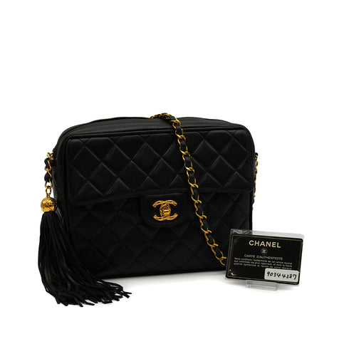 VINTAGE CHANEL MATELASSE FRINGE CHAIN SHUOLDER BAG BLACK LAMB SKIN GOLD HARDWARE 90344387