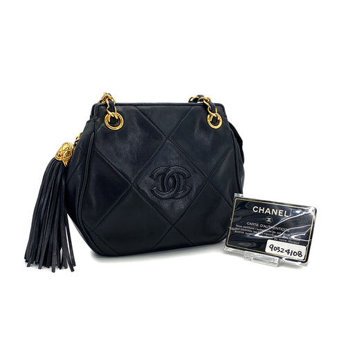 VINTAGE CHANEL COCOMARK MATELASSE FRINGE CHAIN SHOULDER BAG BLAK LAMB SKIN GOLD HARDWARE 90324108