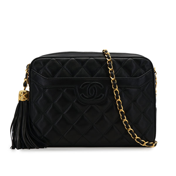VINTAGE CHANEL COCOMARK MATELASSE FRINGE SHAIN SHOULDER BAG BLAK LAMB SKIN GOLD HARDWARE 90320188