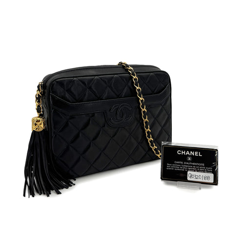 VINTAGE CHANEL COCOMARK MATELASSE FRINGE SHAIN SHOULDER BAG BLAK LAMB SKIN GOLD HARDWARE 90320188