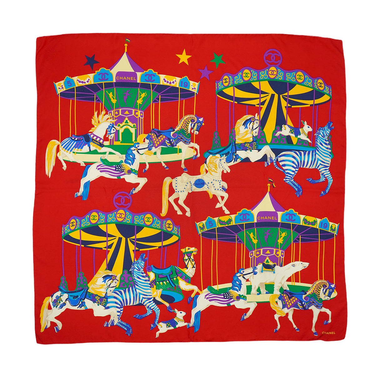 CHANEL メリーゴーランド スカーフ VINTAGE CHANEL COCOMARK MERRY GO ROUND SCARF MULTICOLOR SILK