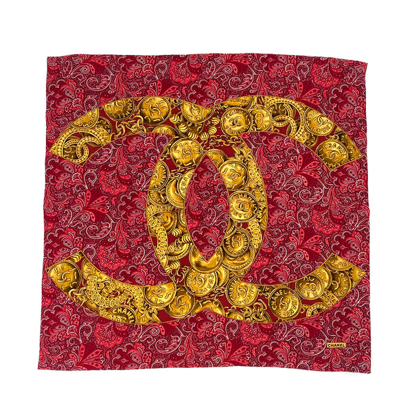 VINTAGE CHANEL COCOMARK PAISLEY PATTERN SCARF RED GOLD SILK 90323120