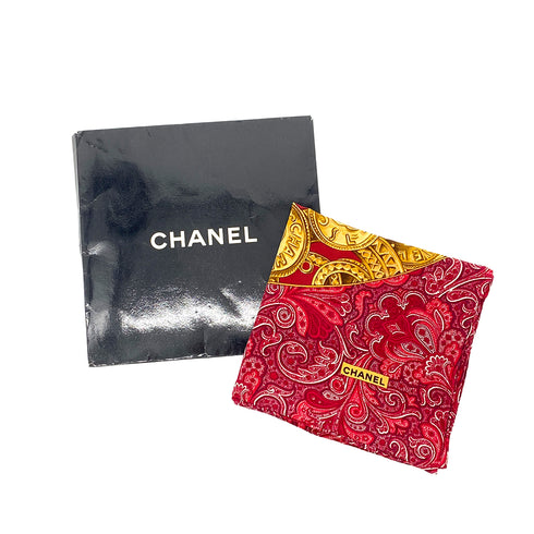 VINTAGE CHANEL COCOMARK PAISLEY PATTERN SCARF RED GOLD SILK 90323120