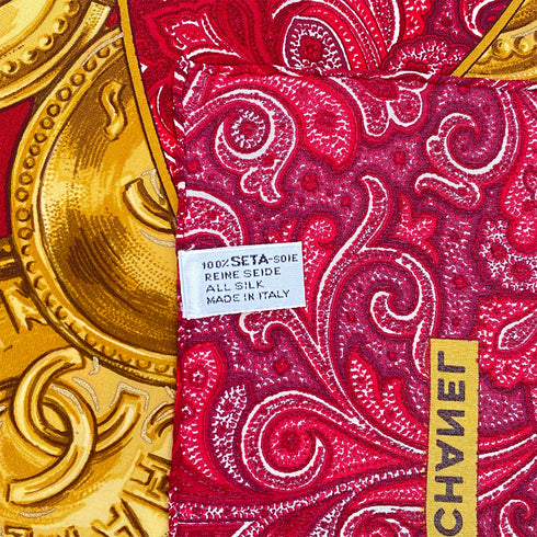 VINTAGE CHANEL COCOMARK PAISLEY PATTERN SCARF RED GOLD SILK 90323120