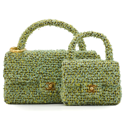 VINTAGE CHANEL COCOMARK PARENT-CHILD HAND BAG GREEN TWEED GOLD HARDWARE 90344362