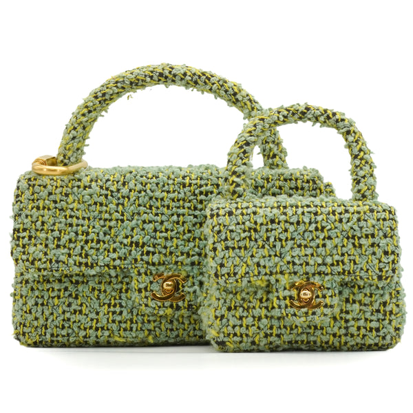 VINTAGE CHANEL COCOMARK PARENT-CHILD HAND BAG GREEN TWEED GOLD HARDWARE 90344362