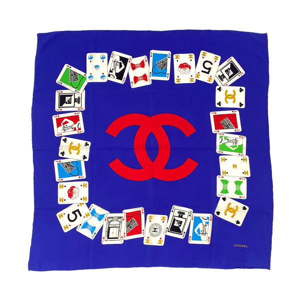 VINTAGE CHANEL COCOMARK PLAYING CARD PATTERN SCARF BLUE MULTICOLOR SILK 90313885