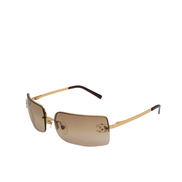 VINTAGE CHANEL COCOMARK RHINESTONE RIMLESS SUNGLASSES GOLD BROWN EYEWEAR 90323157