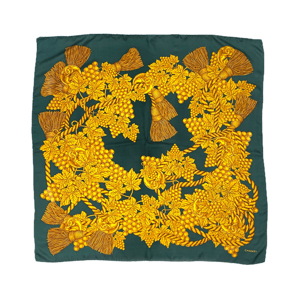 VINTAGE CHANEL COCOMARK ROPE PATTERN SCARF GREEN GOLD SILK 90323124