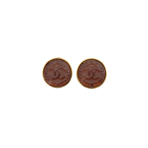 VINTAGE CHANEL COCOMARK ROUND EARRINGS BROWN GOLD ACCESSORY 99A 90323492