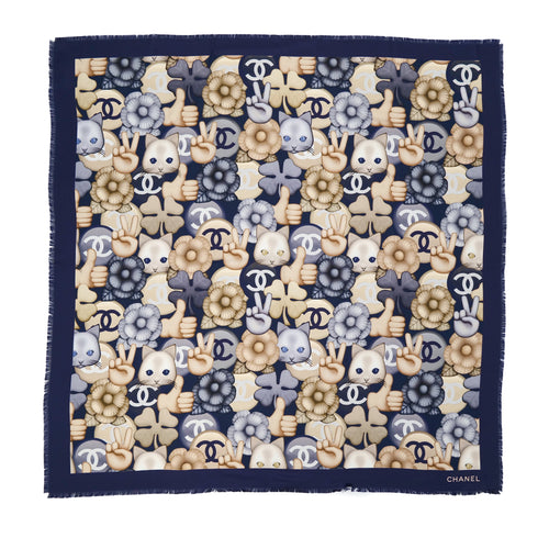 VINTAGE CHANEL COCOMARK SCARF CHOUPETTE CAT PRINT NAVY SILK 90321071