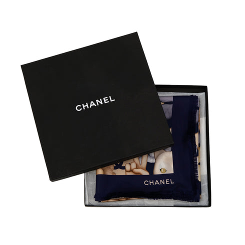 VINTAGE CHANEL COCOMARK SCARF CHOUPETTE CAT PRINT NAVY SILK 90321071