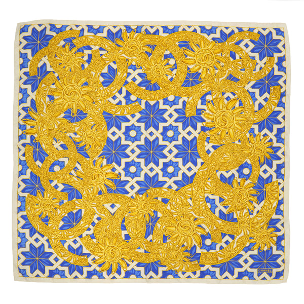 VINTAGE CHANEL COCOMARK SCARF BLUE WHITE GOLD SILK 90313559