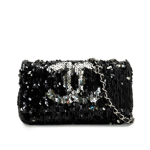 VINTAGE CHANEL COCOMARK SEQUINS CHAIN SHOULDER BAG BLACK LEATHER SILVER HARDWARE 90345992