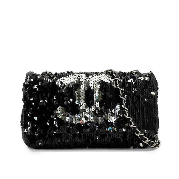 VINTAGE CHANEL COCOMARK SEQUINS CHAIN SHOULDER BAG BLACK LEATHER SILVER HARDWARE 90345992