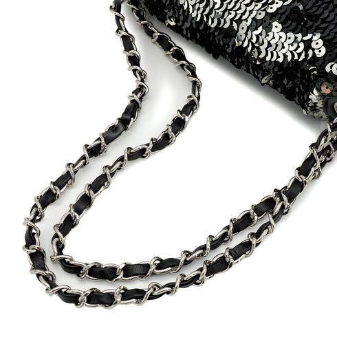 VINTAGE CHANEL COCOMARK SEQUINS CHAIN SHOULDER BAG BLACK LEATHER SILVER HARDWARE 90345992