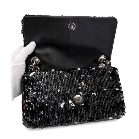 VINTAGE CHANEL COCOMARK SEQUINS CHAIN SHOULDER BAG BLACK LEATHER SILVER HARDWARE 90345992