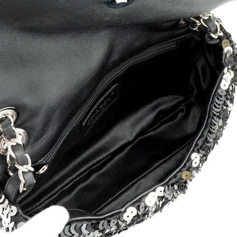 VINTAGE CHANEL COCOMARK SEQUINS CHAIN SHOULDER BAG BLACK LEATHER SILVER HARDWARE 90345992
