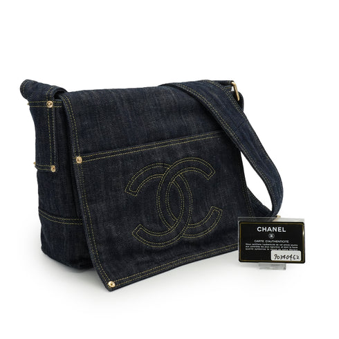 VINTAGE CHANEL COCOMARK SHOULDER BAG NAVY SPARKLING DENIM GOLD HARDWARE 90340462
