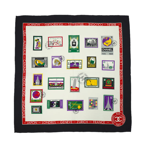 VINTAGE CHANEL COCOMARK STAMP PATTERN SCARF WHITE BLACK SILK 90326707