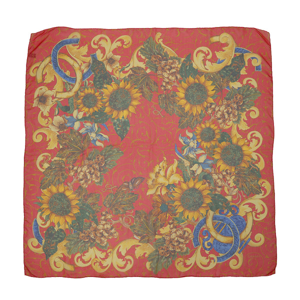 VINTAGE CHANEL COCOMARK SUNFLOWER FLORAL PATTERN SCARF RED ORANGE SILK 90323521