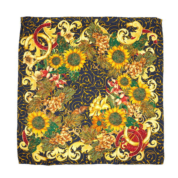 CHANEL COCOMARK SUNFLOWER PATTERN SCARF MULTICOLOR SILK 90326882