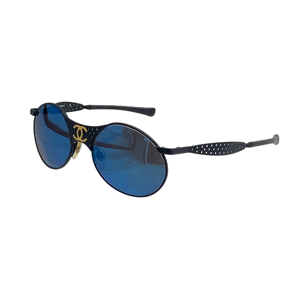 VINTAGE CHANEL COCOMARK SUNGLASSES BLUE LENS BLACK EYEWEAR 90324631