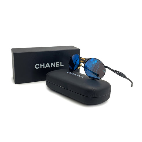VINTAGE CHANEL COCOMARK SUNGLASSES BLUE LENS BLACK EYEWEAR 90324631